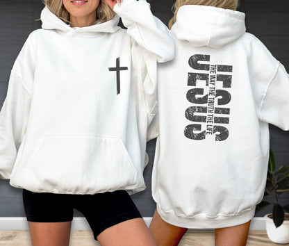 May include: White hoodie with a front pocket and a black cross on the front. The back of the hoodie features the word "JESUS" in large, distressed black letters, with the text "THE WAY THE TRUTH THE LIFE" below.