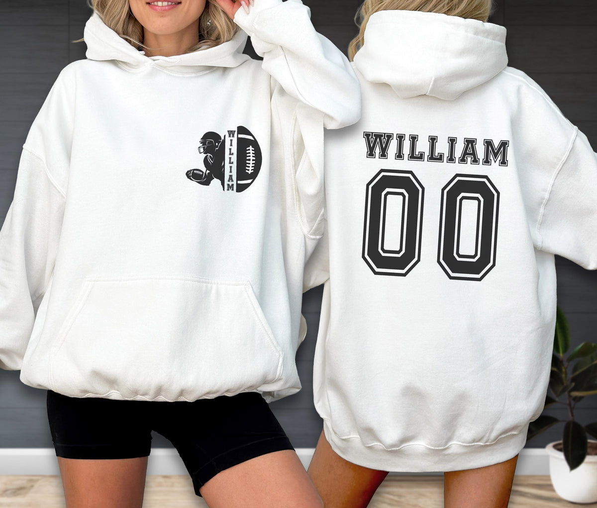 May include: A white hooded sweatshirt featuring a black graphic on the front left chest of a football player silhouette and a football with the name WILLIAM. The back displays the name WILLIAM in black letters above the large black number 00.