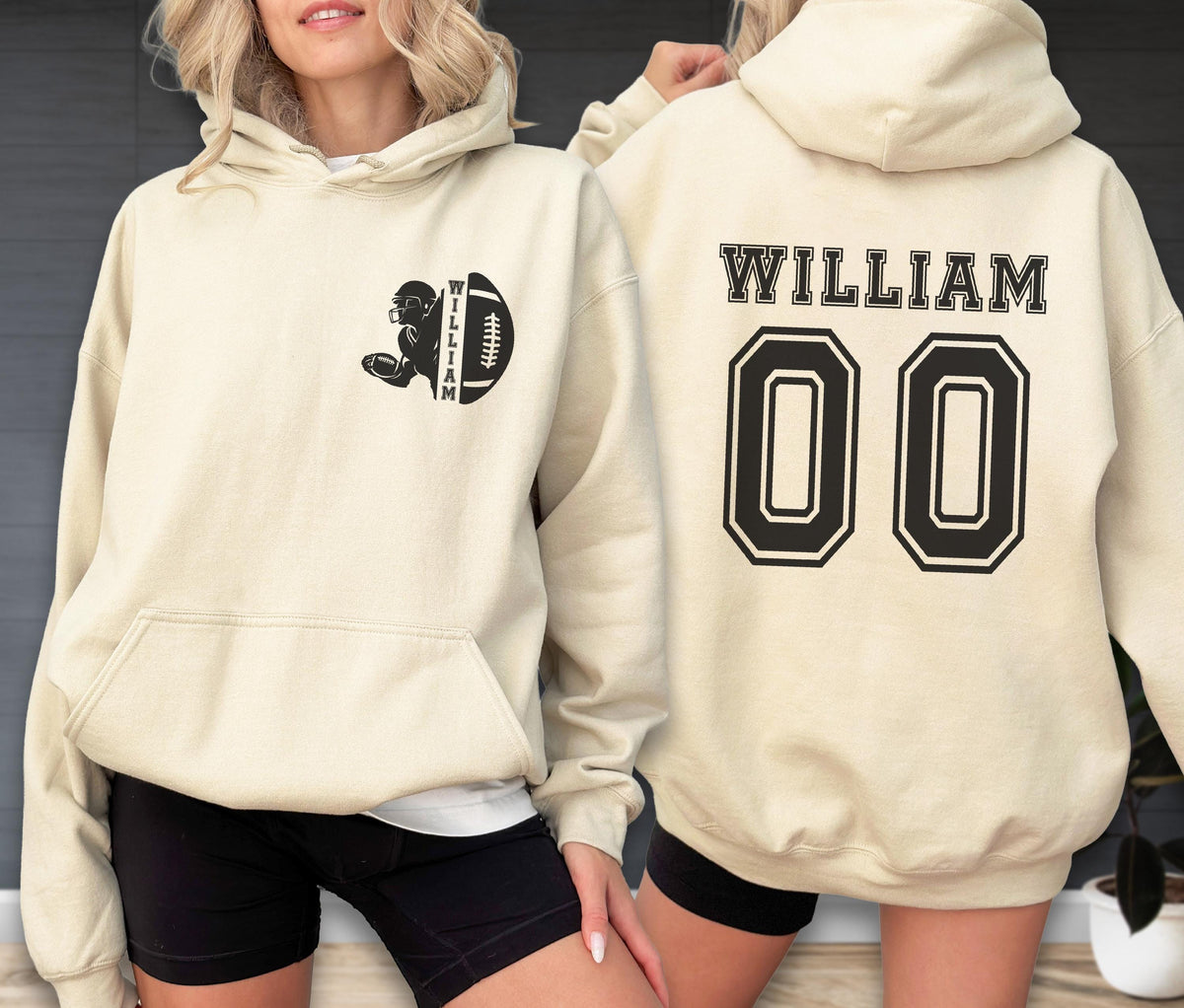 May include: A cream-colored hooded sweatshirt featuring a black graphic on the front left chest of a football player and a football with the name WILLIAM. The back displays the name WILLIAM in black block letters above the large black number 00.