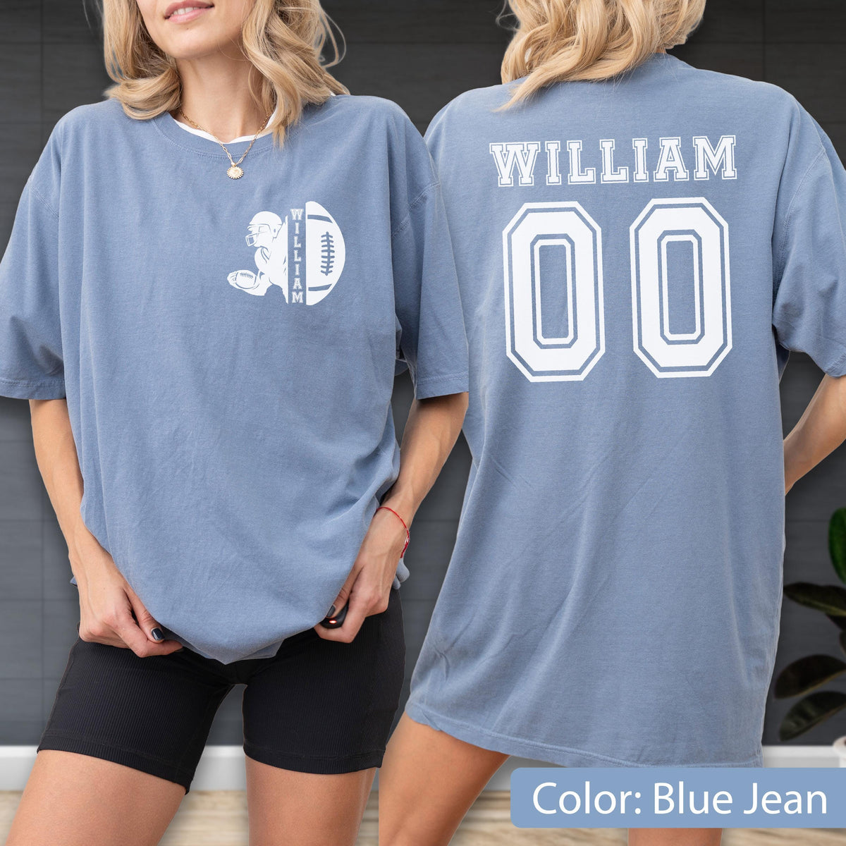May include: Blue jean colored t-shirt with a white football graphic and the name "WILLIAM" printed on the front. The back of the shirt features the name "WILLIAM" above the number "00" in white. The shirt is a comfortable, oversized fit.