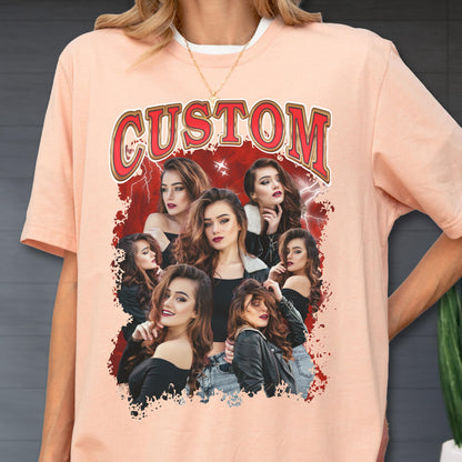 May include: Peach-colored t-shirt with a graphic featuring multiple images of a woman, the word "CUSTOM" in a red, vintage-style font, and a red lightning bolt design. The shirt has a white collar.