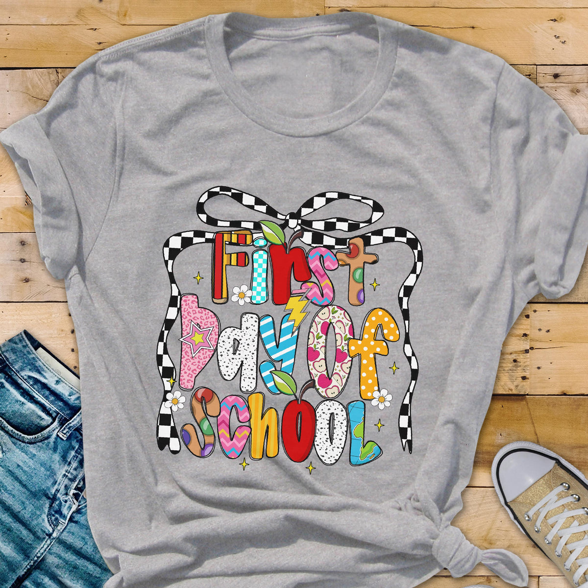 Checkered Bow First Day of School T-Shirt, Back To School Shirt, Coquette Teacher Tee