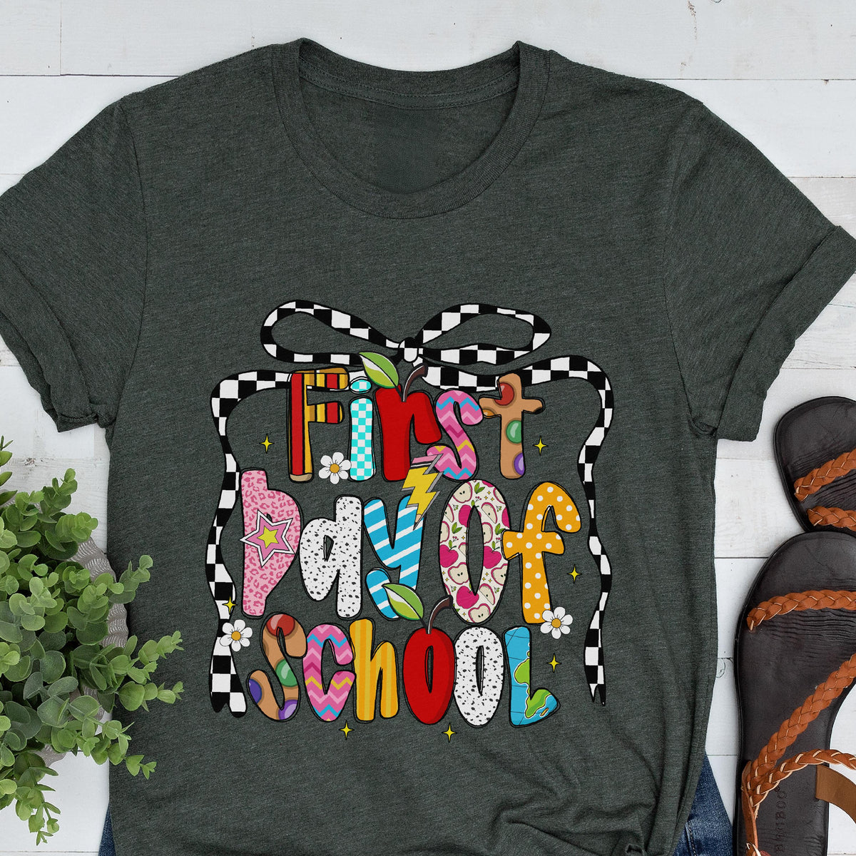 Checkered Bow First Day of School T-Shirt, Back To School Shirt, Coquette Teacher Tee