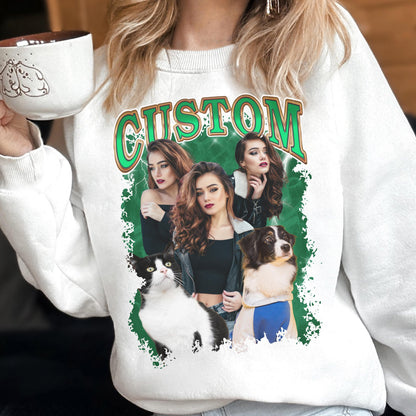 May include: White sweatshirt with a custom graphic featuring three women, a black and white cat, and a dog. The word "CUSTOM" is printed in green with an orange outline. The graphic is set against a green background.