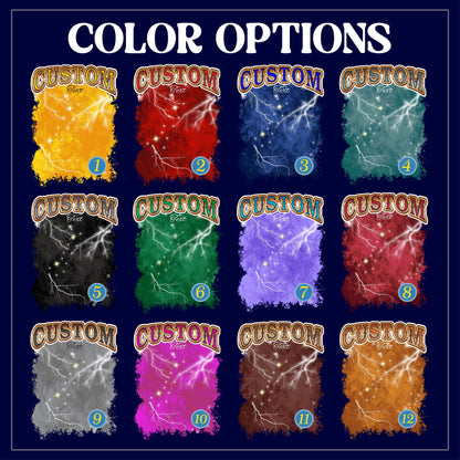 May include: A graphic showcasing twelve color options for a custom design. Each option features a textured background with lightning bolt graphics and the word "CUSTOM" in a decorative banner. The colors include yellow, red, blue, teal, black, green, purple, maroon, gray, pink, brown, and orange.