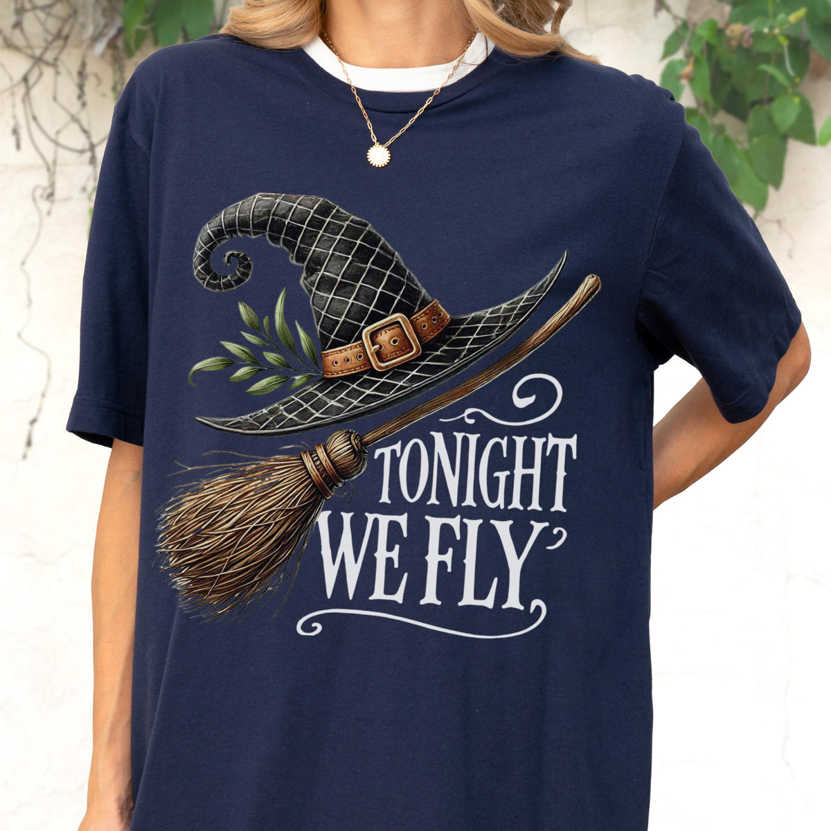 Tonight We Fly Halloween Shirt: Witch Hat Broomstick Graphic Tee