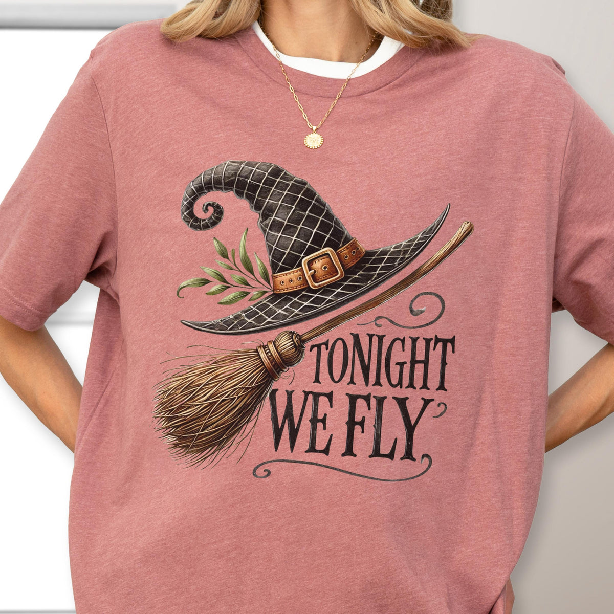 Tonight We Fly Halloween Shirt: Witch Hat Broomstick Graphic Tee