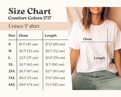 May include: A white unisex t-shirt with a size chart. The chart shows chest and length measurements in inches and centimeters for sizes S to 4XL. A person is wearing the t-shirt, with lines indicating chest and length.