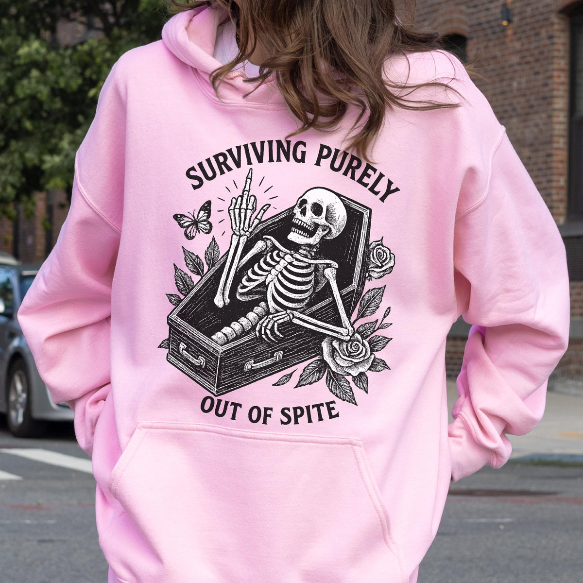 Funny Goth Skeleton Hoodie: Surviving Out of Spite, Dark Humor