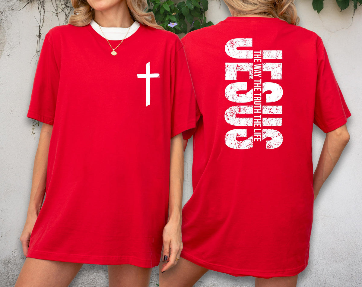 May include: Red t-shirt with a white cross on the front and the word "JESUS" printed vertically on the back, along with the text "THE WAY THE TRUTH THE LIFE". The shirt has a white collar.