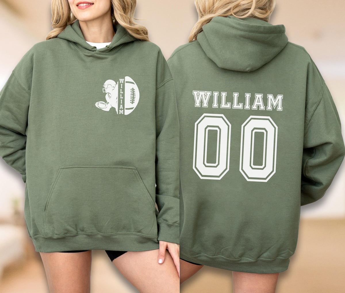 May include: An olive green hooded sweatshirt featuring a white graphic on the front left chest of a football player silhouette and a football with the name WILLIAM. The back displays the name WILLIAM in white letters above the large white number 00.