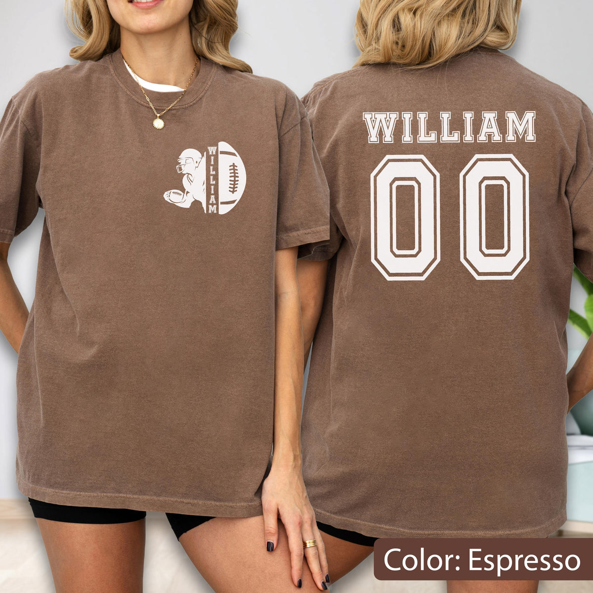 May include: Espresso-colored t-shirt with a football graphic and the name "WILLIAM" printed on the front and back. The back of the shirt also features the number "00" in a white, outlined font. The shirt is a casual style.