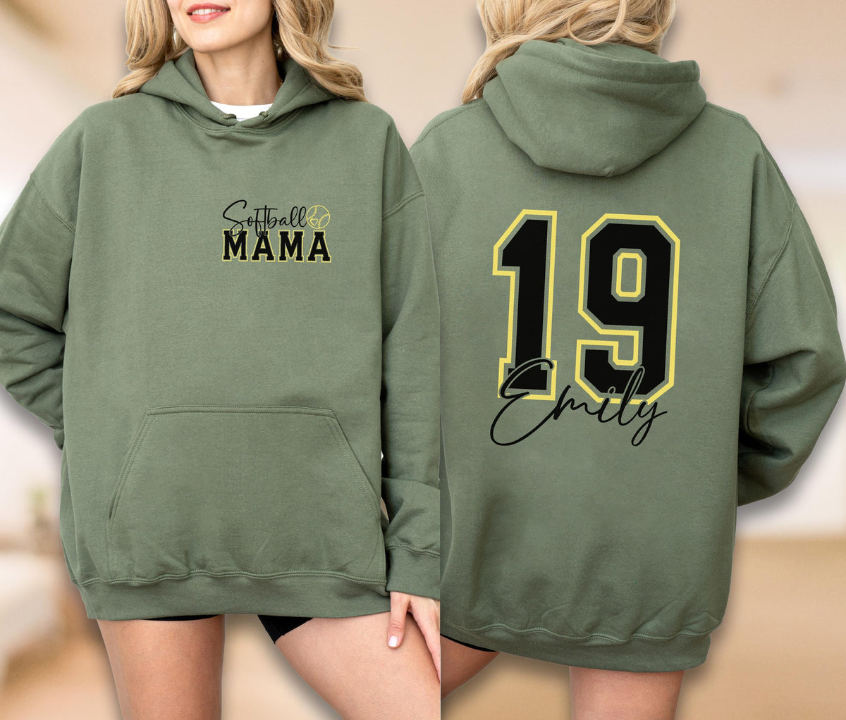 May include: An olive green hoodie with a front pocket and a hood. The front of the hoodie has the text "Softball MAMA" in black script and block letters with a softball graphic. The back features the number "19" in black with a yellow outline and the name "Emily".