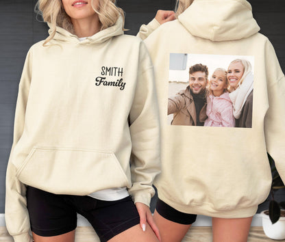 May include: Cream-colored hoodie with a front pocket and a hood. The front of the hoodie has the text "SMITH Family" in black script. The back of the hoodie features a printed photograph of a family.