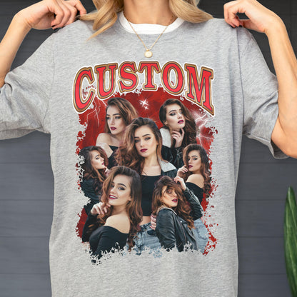 May include: Gray sweatshirt with a graphic design featuring multiple images of a woman, with the word "CUSTOM" in red and gold lettering. The design has a red background with lightning bolt accents.