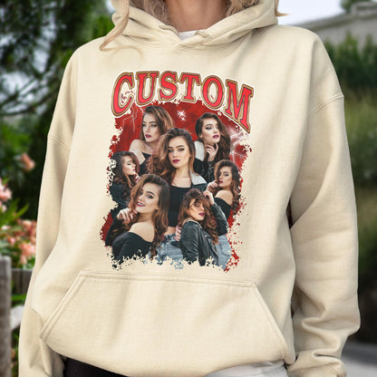 May include: A beige hoodie featuring a graphic with the word "CUSTOM" in red, arched text. The graphic showcases a collage of women with long, wavy hair, set against a red background.
