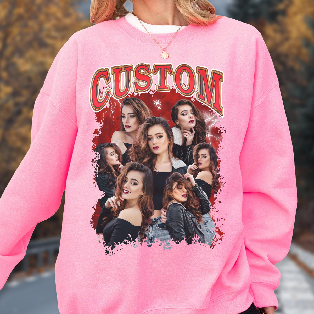 May include: Pink sweatshirt with a graphic featuring multiple women and the word "CUSTOM" in red and gold lettering. The graphic has a red background with lightning bolt designs.