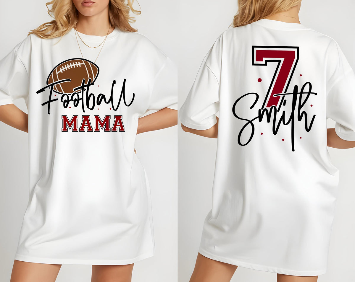 May include: A white t-shirt featuring a brown football graphic with the text Football MAMA on the front. The back displays the number 7 in dark red with a black outline above the name Smith in black script, accented by small red dots.
