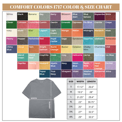 May include: A color and size chart for Comfort Colors 1717 t-shirts. The chart displays a wide range of colors, including white, black, and various shades of blue, green, and pink. A gray t-shirt is shown with width and length measurements in inches.