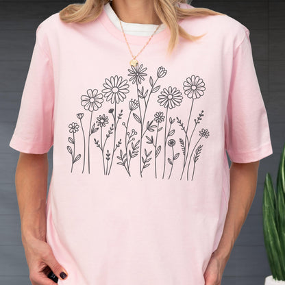 Minimalist Wildflower Line Art T-Shirt: Botanical Graphic Tee