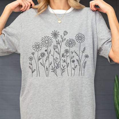 Minimalist Wildflower Line Art T-Shirt: Botanical Graphic Tee