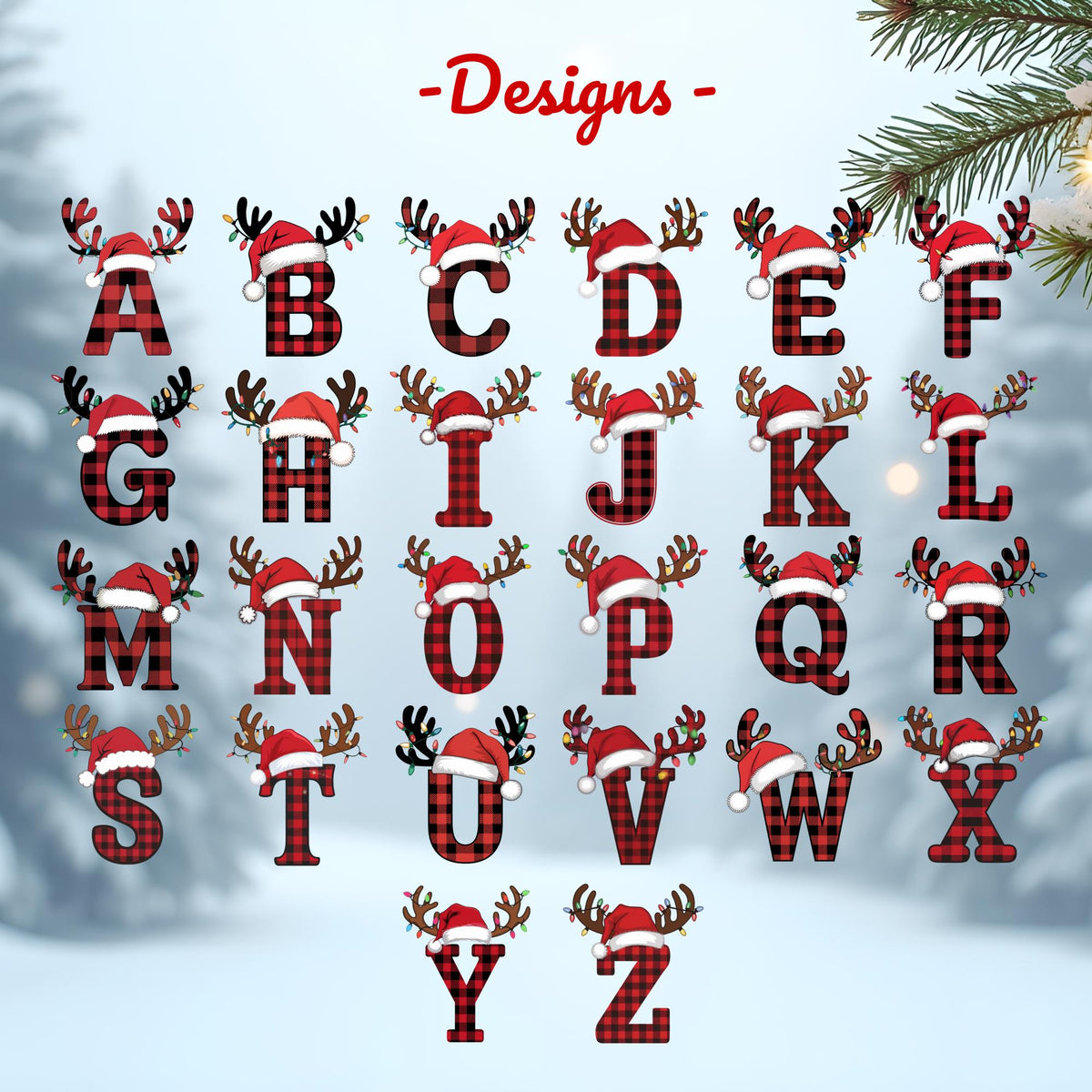May include: A collection of Christmas-themed alphabet letters, each adorned with a Santa hat and reindeer antlers. The letters are in a red and black plaid pattern, with the word "-Designs-" in red at the top. The background is a blurred winter scene.