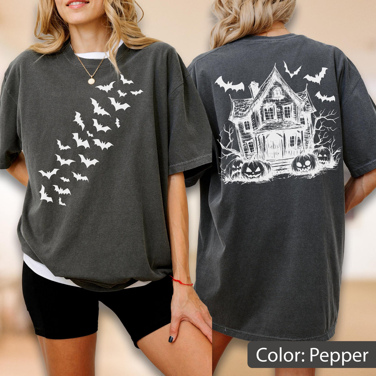 Comfort Colors Halloween Shirt: Haunted Home, Bats & Pumpkins