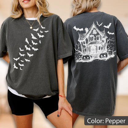 Comfort Colors Halloween Shirt: Haunted Home, Bats & Pumpkins