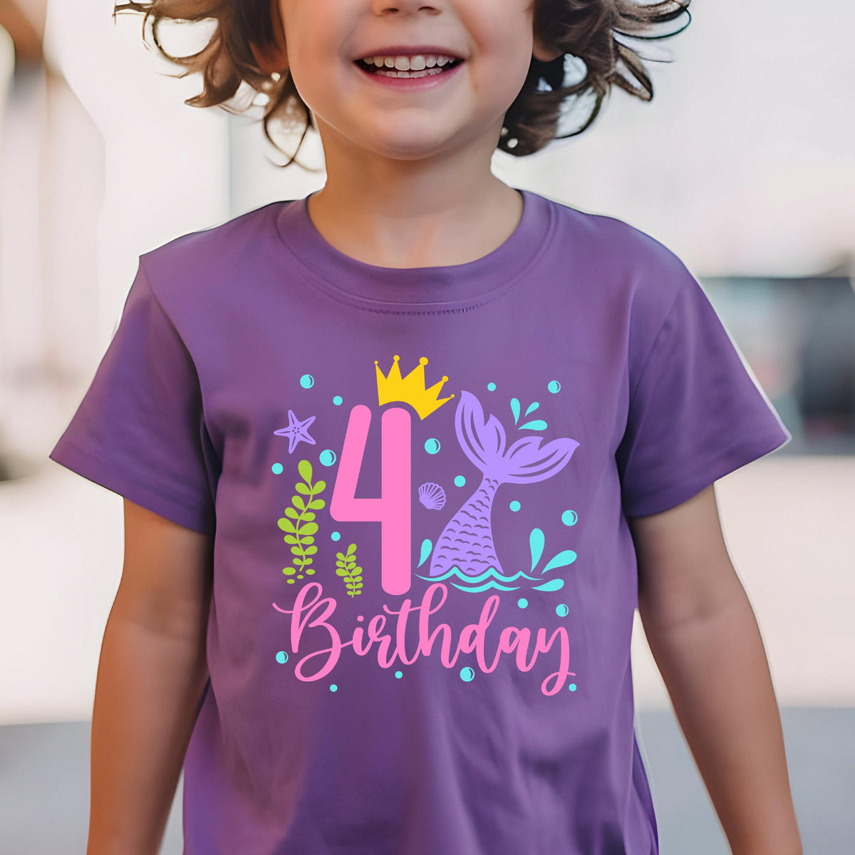 May include: Purple t-shirt with a mermaid-themed design for a 4th birthday. The graphic includes a pink number 4 with a gold crown, a mermaid tail, and the word "Birthday" in pink script. Additional elements include bubbles, a starfish, and seaweed.