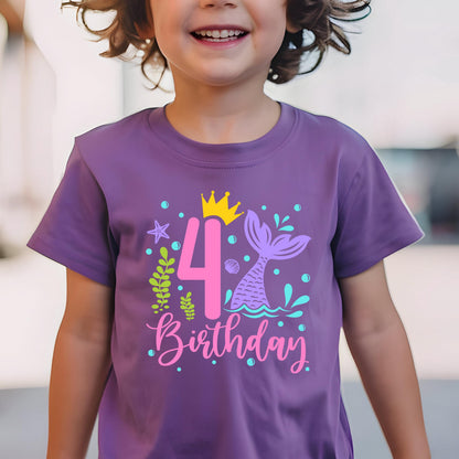 May include: Purple t-shirt with a mermaid-themed design for a 4th birthday. The graphic includes a pink number 4 with a gold crown, a mermaid tail, and the word "Birthday" in pink script. Additional elements include bubbles, a starfish, and seaweed.