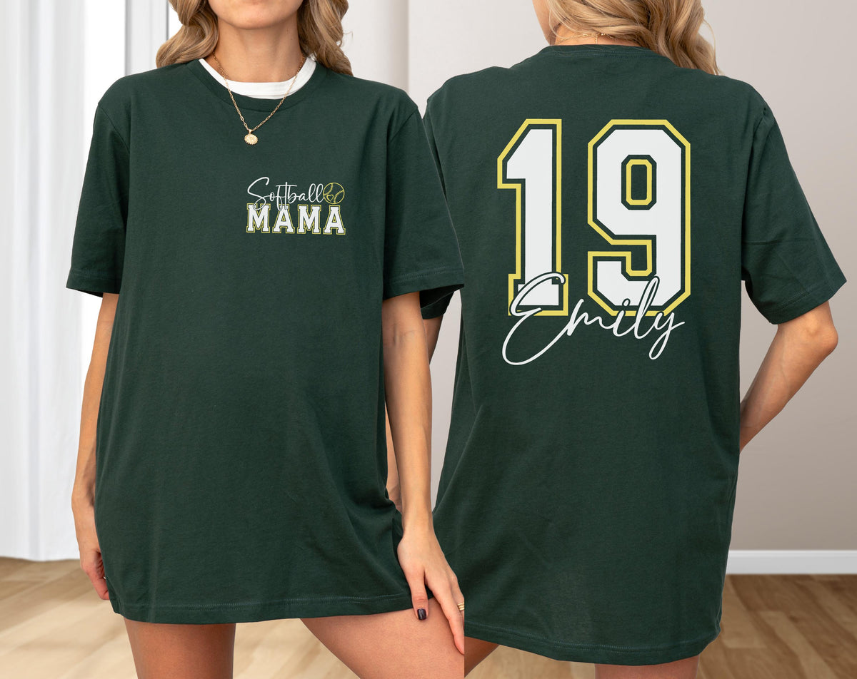 May include: Dark green t-shirt with the text "Softball MAMA" and a softball graphic on the front. The back of the shirt features the number 19 in white with a yellow outline, and the name "Emily" in a script font.