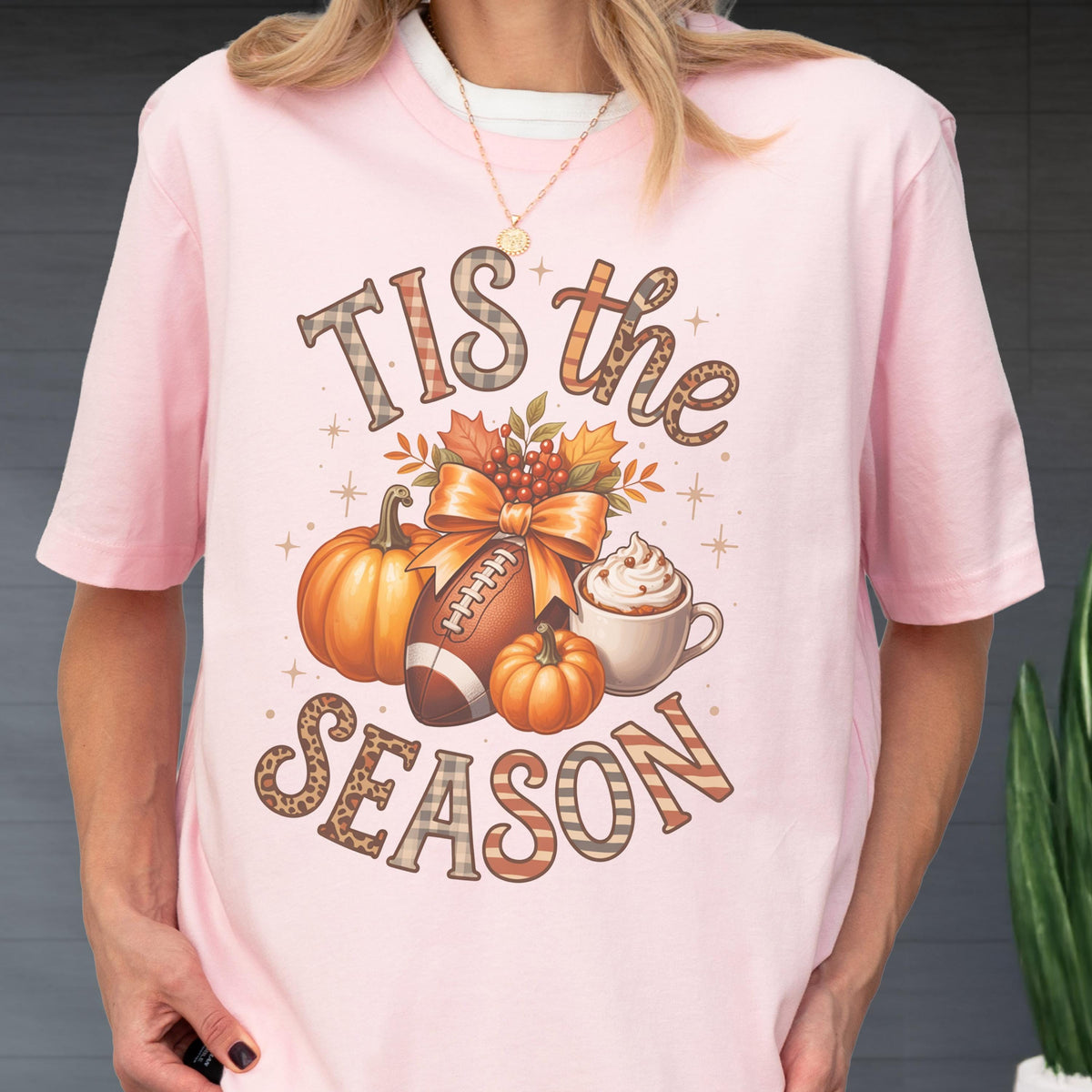 May include: Pink t-shirt with a fall-themed graphic. The design includes pumpkins, a football, a coffee cup, and the text "Tis the Season" in a decorative font. The shirt has short sleeves and a crew neck.