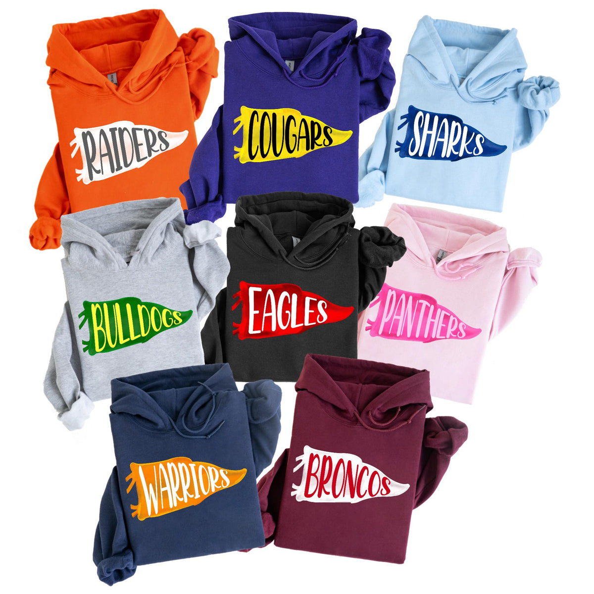 May include: A collection of hooded sweatshirts in various colors, including orange, purple, light blue, gray, black, pink, navy, and burgundy. Each sweatshirt features a pennant design with a team name in a contrasting color, such as "Raiders" or "Eagles".