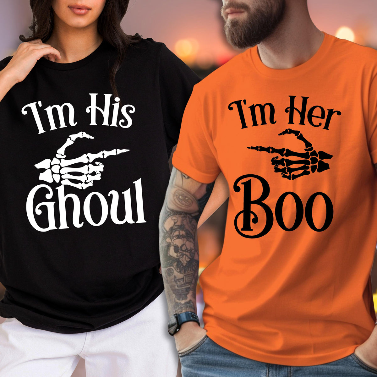 May include: A black t-shirt with white text reading I'm His GHOUL and a white skeleton hand graphic, paired with an orange t-shirt with black text reading I'm Her Boo and a black skeleton hand graphic pointing toward the other shirt.