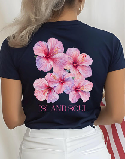 Island Soul Tee, Aloha Hibiscus Flower Shirt, Hawaii Beach Tee, Boho Summer Vacation Shirt, standartd Tropical T-Shirt for Women