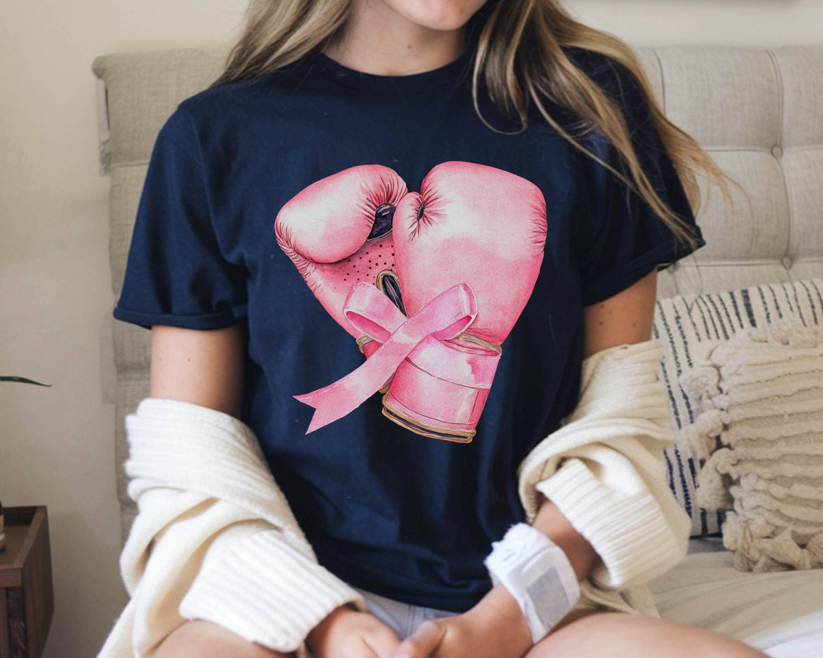 Breast Cancer Awareness Tee: Pink Boxing Gloves Ribbon Shirt