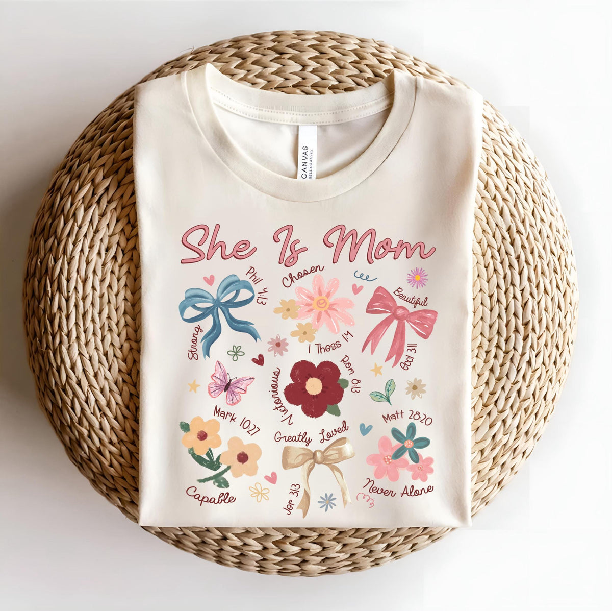 She Is Mom Shirt, Coquette Bow Tee, Praying Mama Tee, Religious Mom Shirt, Floral Bible Verse Shirt, Faith-Inspired Mom Gift