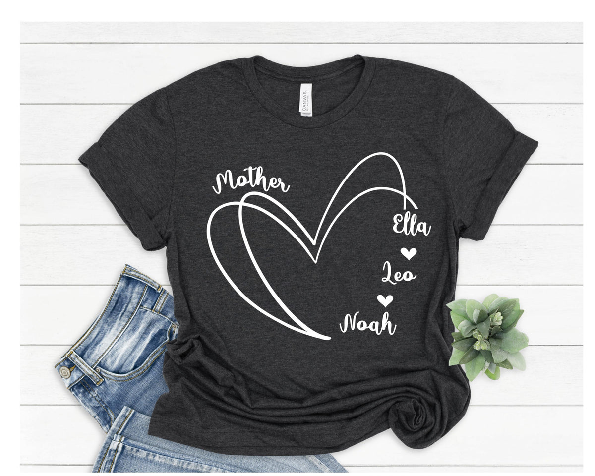 Custom Mom Heart Tee, Personalized Kids' Names Shirt