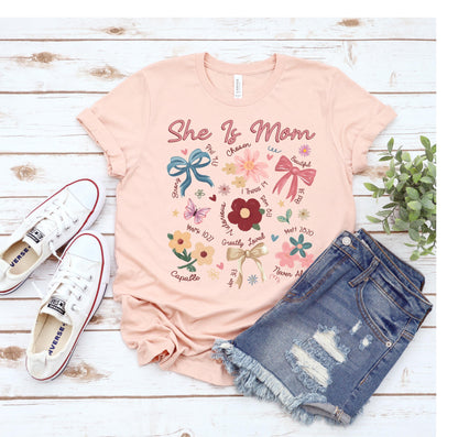 She Is Mom Shirt, Coquette Bow Tee, Praying Mama Tee, Religious Mom Shirt, Floral Bible Verse Shirt, Faith-Inspired Mom Gift