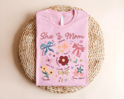 She Is Mom Shirt, Coquette Bow Tee, Praying Mama Tee, Religious Mom Shirt, Floral Bible Verse Shirt, Faith-Inspired Mom Gift