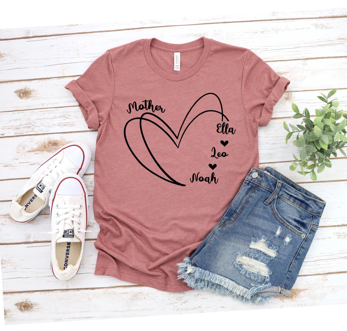 Custom Mom Heart Tee, Personalized Kids' Names Shirt