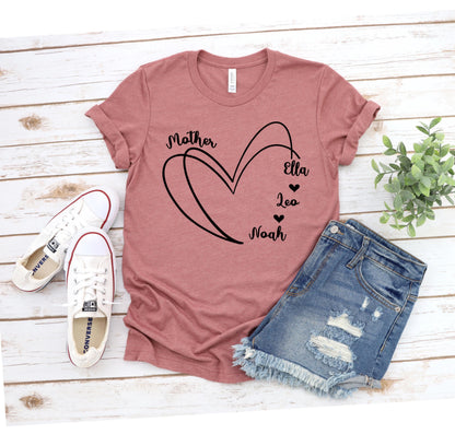 Custom Mom Heart Tee, Personalized Kids' Names Shirt