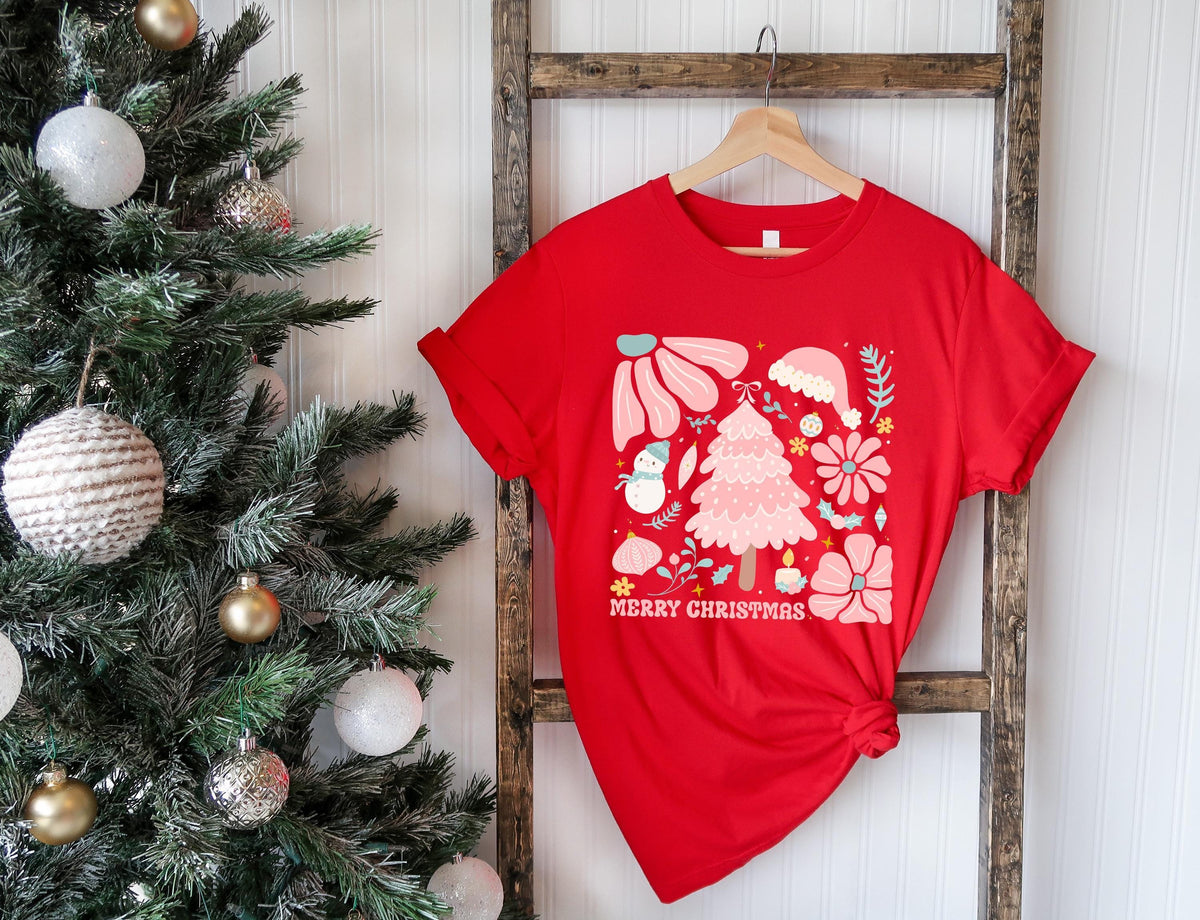 Pink Christmas Tree Shirt, Merry Christmas Boho Tee, Retro Floral Holiday Shirt, Cute Pink Xmas Tee, Vintage Christmas Shirt