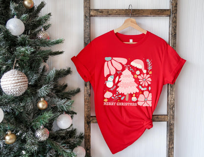 Pink Christmas Tree Shirt, Merry Christmas Boho Tee, Retro Floral Holiday Shirt, Cute Pink Xmas Tee, Vintage Christmas Shirt