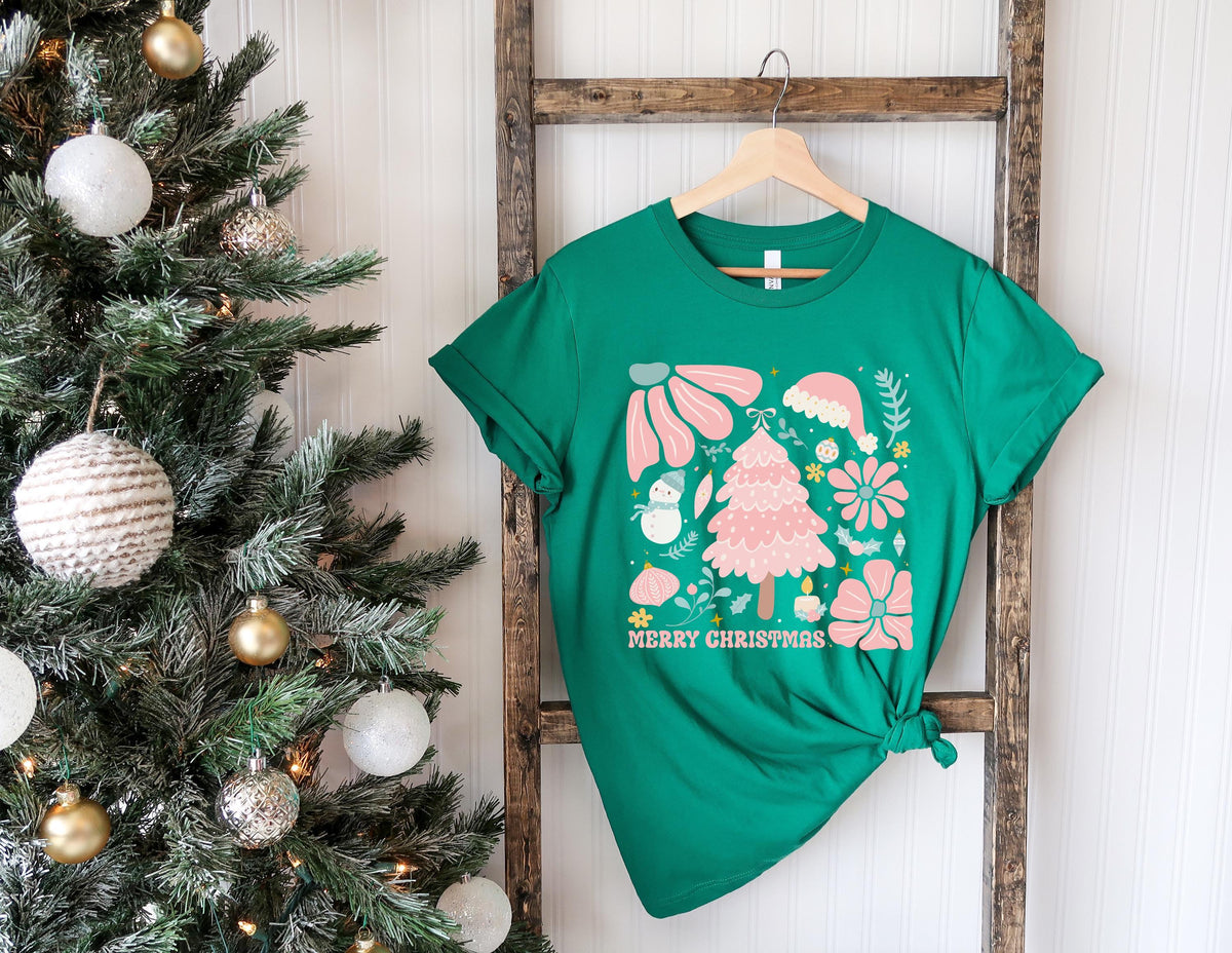 Pink Christmas Tree Shirt, Merry Christmas Boho Tee, Retro Floral Holiday Shirt, Cute Pink Xmas Tee, Vintage Christmas Shirt
