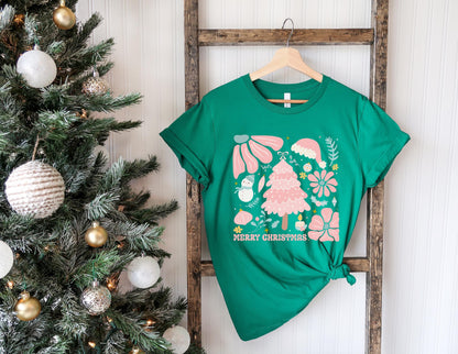 Pink Christmas Tree Shirt, Merry Christmas Boho Tee, Retro Floral Holiday Shirt, Cute Pink Xmas Tee, Vintage Christmas Shirt