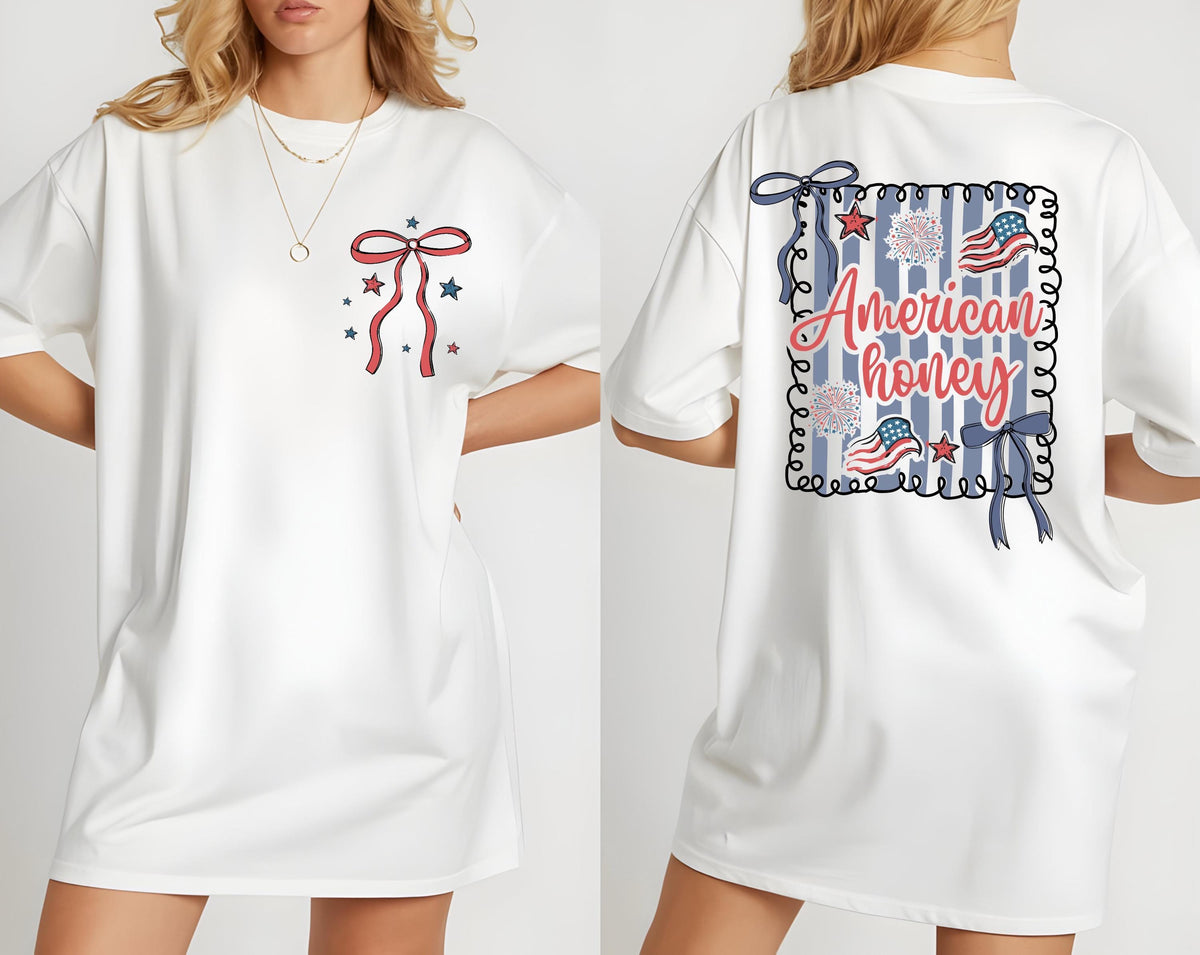 American Honey Coquette Shirt, 4th of July Flag Bows Tee, Red White Blue Tee, Patriotic Summer Shirt