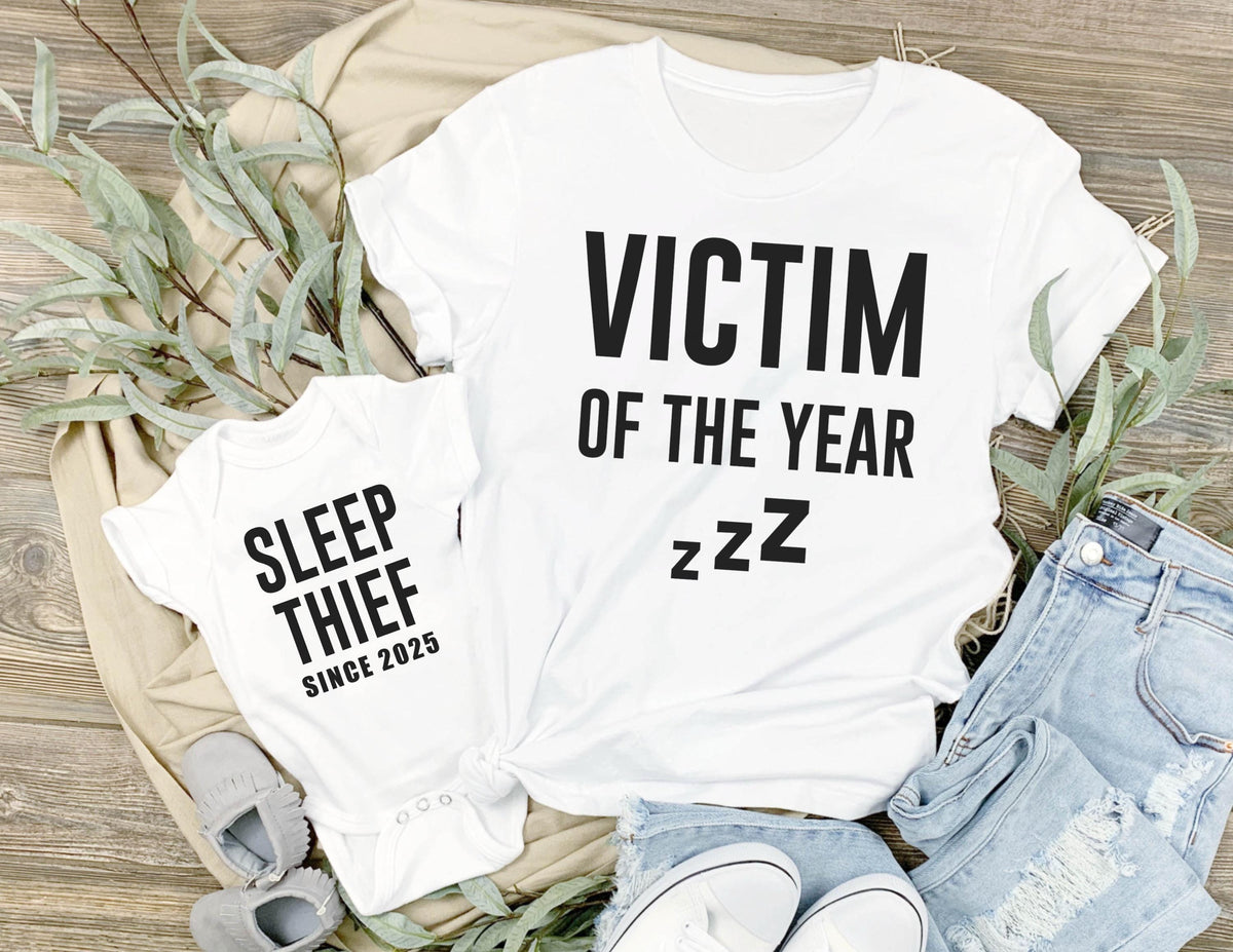 Sleep Thief & Victim of the Year Shirt – Funny Father and Baby Matching Tee, Father's Day Tee, New Dad Shirt