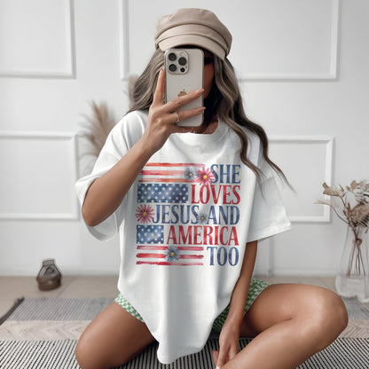 She Loves Jesus and America Too Shirt – Retro USA Tee, Christian Tee, 4th of July Shirt, Patriotic Shirt