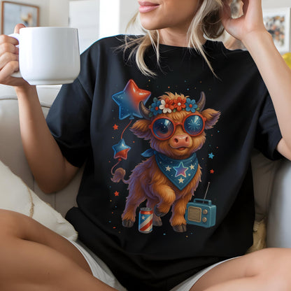 Highland Cow 4th of July Shirt, Patriotic American Cow Tee, Western Independence Day Shirt, Cow Lover Gift, USA Country Graphic Tee
